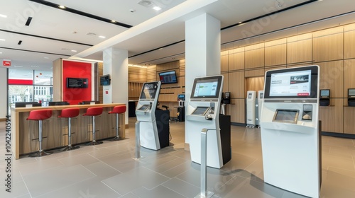 Modern bank lobby with self-service kiosks.