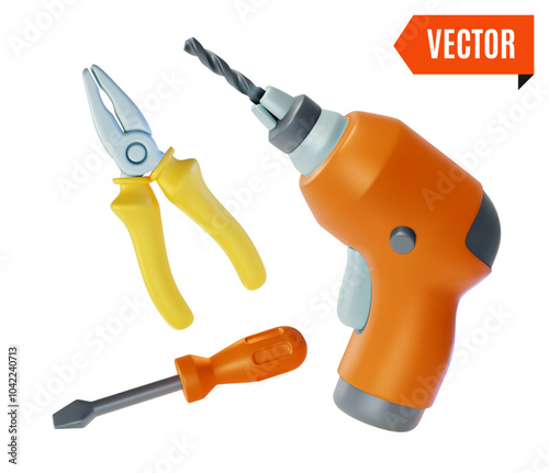 3d Fix and Repair Concept Floating Drill, Pliers and Screwdriver Cartoon Design Style. Vector illustration of Renovation Equipment