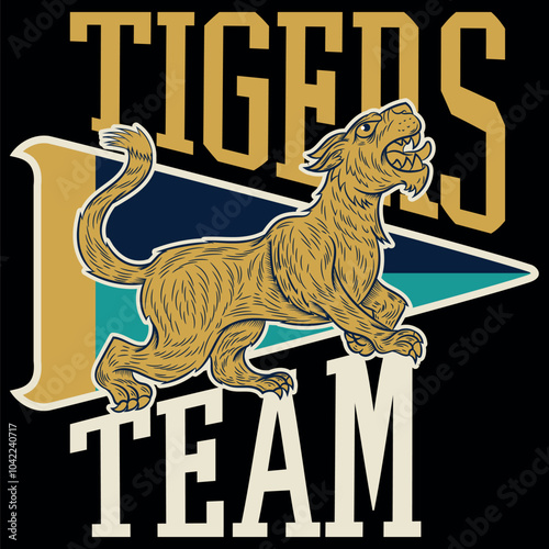 Puma illustration with university pennants, college and varsity texts, patches and numbers of both soccer and American football players in navy and gold, design for school and sports