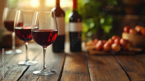 Enjoying red wine and a cozy atmosphere in a rustic setting with elegant glasses