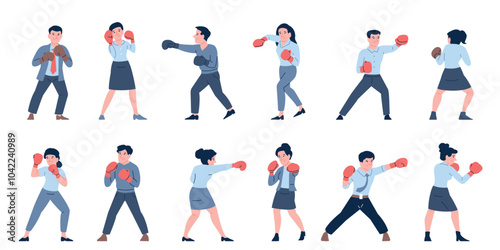 Business boxing. Office people in boxers gloves stand in fighting poses. Sprong men and women ready to fight for success and work, recent vector characters