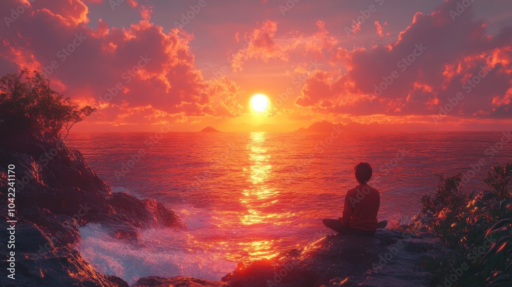 Obraz premium A tranquil seaside sunset featuring a character sitting on a rocky shore, perfect for evoking feelings of relaxation and introspection in various creative projects.