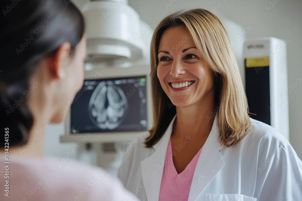 Smiling female doctor discusses MRI results with patient in a modern medical office during a routine examination. Generative AI Smiling female doctor discusses MRI results with patient in a modern medical office during a routine examination. Generative AI