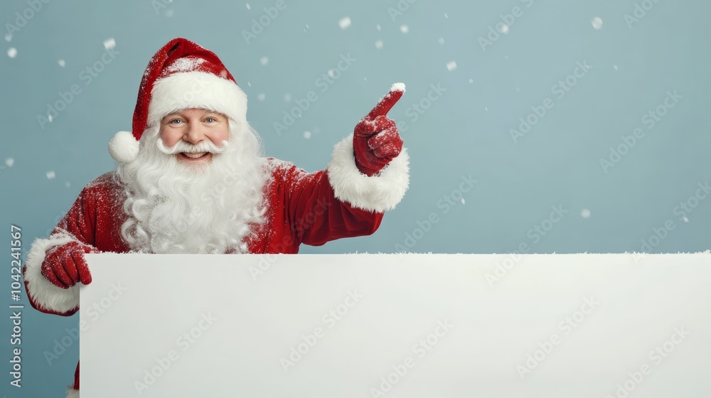 Cheerful Santa Claus pointing at a large blank sign with snow falling around. Festive Christmas and New Year advertisement. Cheerful Santa Claus pointing at a large blank sign with snow falling around. Festive Christmas and New Year advertisement.