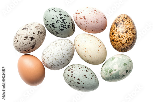 A colorful assortment of decorative eggs, featuring various textures and colors against,Isolated on transparent background photo