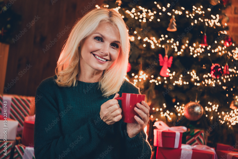 Photo of nice senior female drink coffee wear christmas clothes enjoy cozy x-mas party decoration interior flat indoors Photo of nice senior female drink coffee wear christmas clothes enjoy cozy x-mas party decoration interior flat indoors
