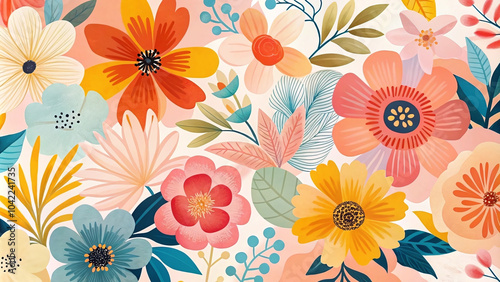 Vibrant floral pattern design with various colorful flowers and leaves on a light background for fabric or wallpaper