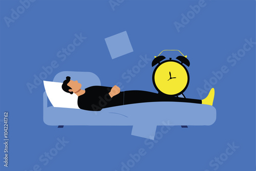 A man lying in bed, a yellow alarm clock next to him, a blue background.