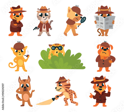 Cute animal detectives characters. Dogs cats with binoculars and magnifying glass. Crime investigation, looking around, hide behind newspaper classy vector set