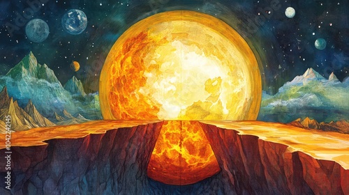 Cross-section the Eartha??s core with molten iron, magnetic fields, and seismic activity photo