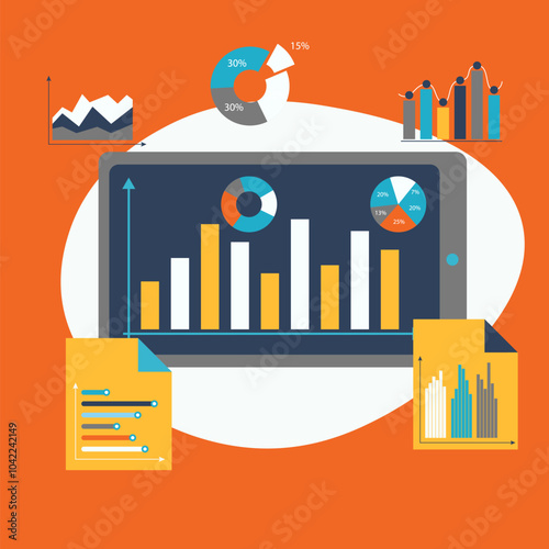 Digital tablet displaying bar charts, pie charts, and graphs. Additional charts and data sheets surround the tablet. Ideal for data analysis, business reports, market research, financial planning