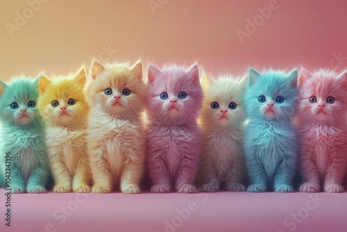 Colorful collection of fluffy kittens sitting in a row with bright blue eyes ...