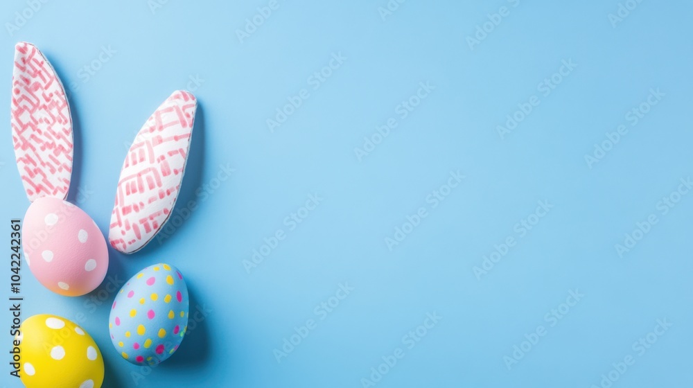 Easter party concept. Top view photo of easter bunny ears white pink blue and yellow eggs on isolated pastel blue background with copyspace in the middle Easter party concept. Top view photo of easter bunny ears white pink blue and yellow eggs on isolated pastel blue background with copyspace in the middle