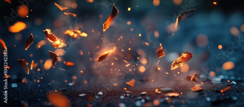 Abstract image of glowing embers and sparks floating in the air against a dark blue background.