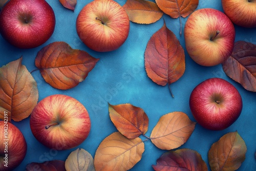 Colorful autumn apples surrounded by vibrant leaves on a textured blue surfac...