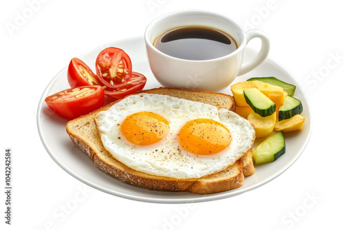 Delicious breakfast plate featuring fried eggs, fresh vegetables, and cup of coffee plate,Isolated on transparent background photo