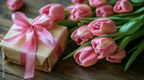 A beautiful bouquet of pink tulips next to a gift box with a ribbon on a soft...