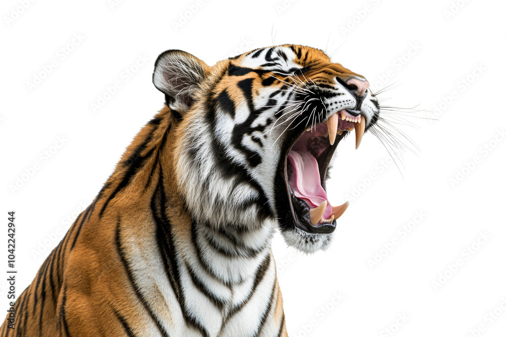 Obraz premium Fierce tiger roaring with teeth bared, showcasing its powerful presence against,Isolated on transparent background