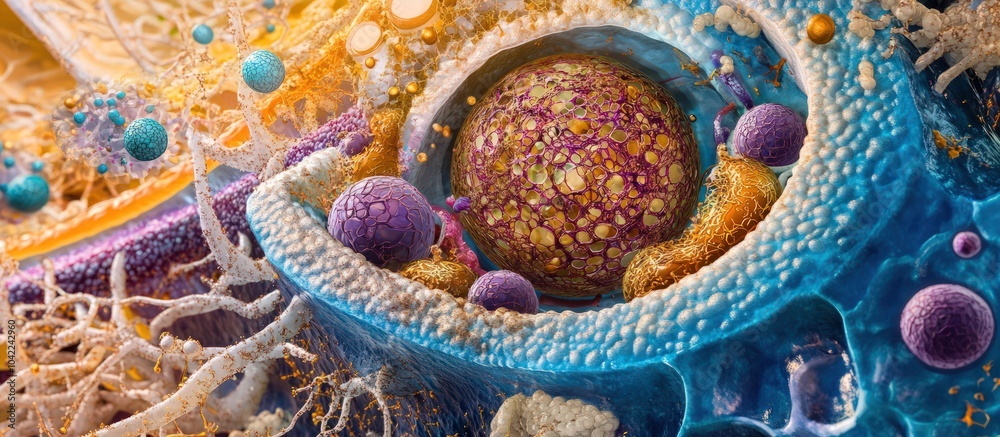 Detailed cross-section a cell with nucleus, mitochondria, and intricate details Detailed cross-section a cell with nucleus, mitochondria, and intricate details