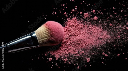 Bright pink powder makeup spilled beside a makeup brush on a dark background ...