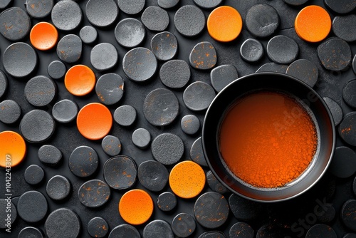 Aerial view of black and orange circular patterns with a bowl of liquid