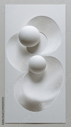 Abstract three dimensional design featuring two spheres and swirling lines on...