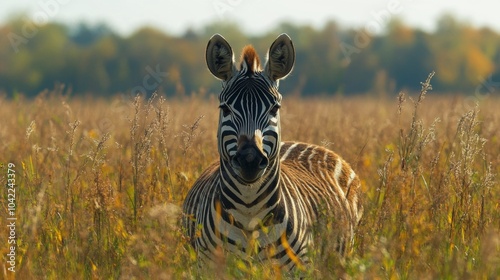 A zebra standing gracefully among tall golden grasses in the savanna at sunset