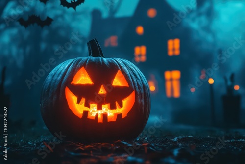 scary halloween pumpkin with orange light inside in a dark enviroment with a haunted house in the background and bats flying and smoke and 8 flags in the background  photo