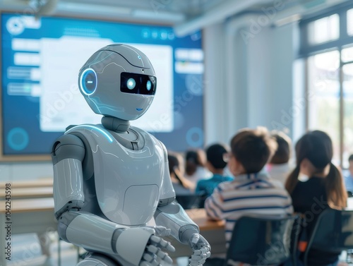 A humanoid robot stands in front of children in a classroom, acting as their teacher and demonstrating the role of AI in future education