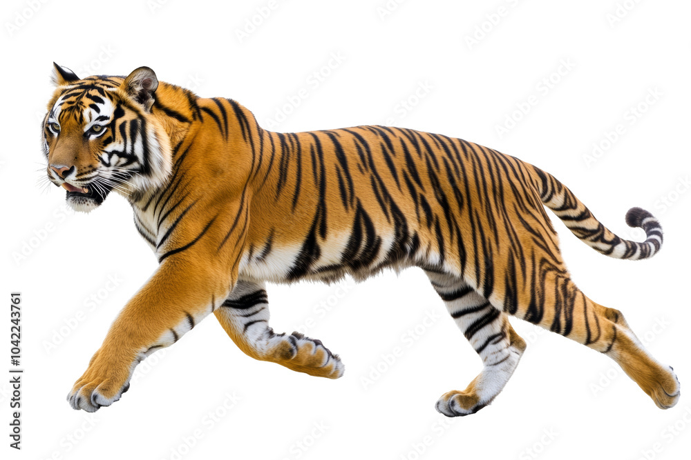Obraz premium Majestic tiger in motion, showcasing its striking orange coat and powerful stature against,Isolated on transparent background