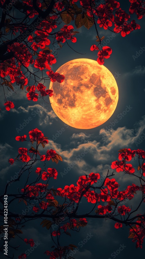 custom made wallpaper toronto digitalA tranquil night with a full moon illuminating vibrant red blossoms against a dark sky
