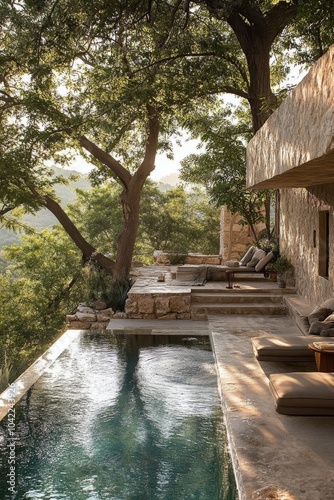 Tranquil outdoor oasis featuring natural stone architecture and a serene wate...