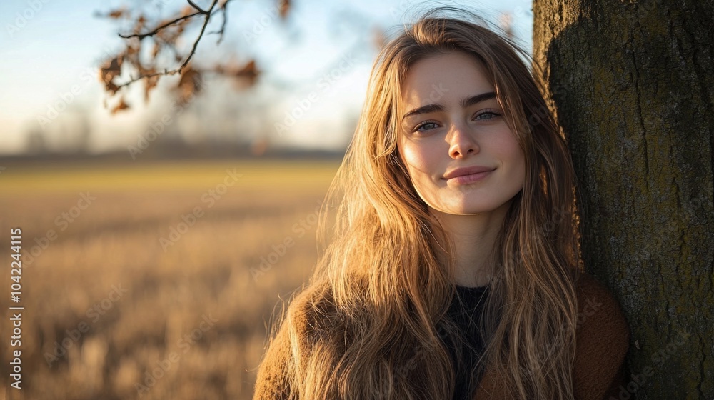 Young woman standing by a tree in a sunny meadow during a warm afternoon Young woman standing by a tree in a sunny meadow during a warm afternoon