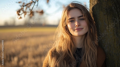 Young woman standing by a tree in a sunny meadow during a warm afternoon