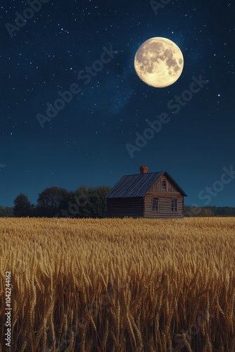 A wooden house stands in a wheat field under a bright full moon at night