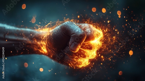 A powerful fist emanating fiery energy in a dramatic display of strength and ...