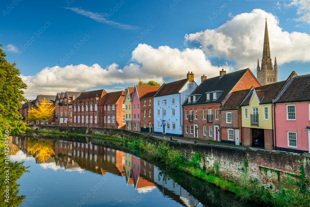 Beautiful view of Quay Side architecture reflected in River Wensum. Norwich, Norfolk. England