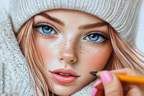 A detailed portrait of a woman with a winter hat and scarf being drawn with c...