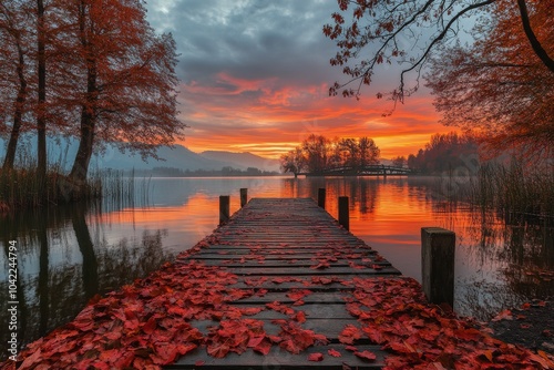 A peaceful autumn morning at a lakeside dock surrounded by vibrant fall color...