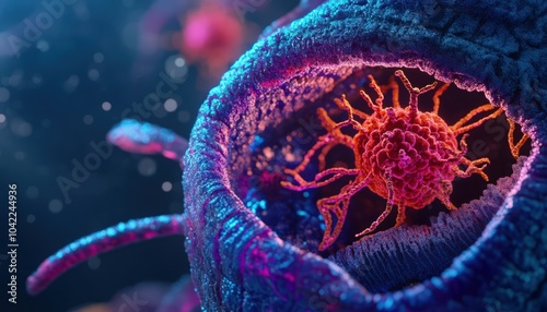 Detailed view a human cell with nucleus, mitochondria, and intricate structures