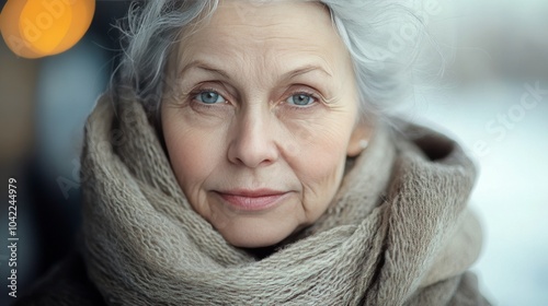 Elderly woman with silver hair and yellow scarf enjoys a serene autumn day in...