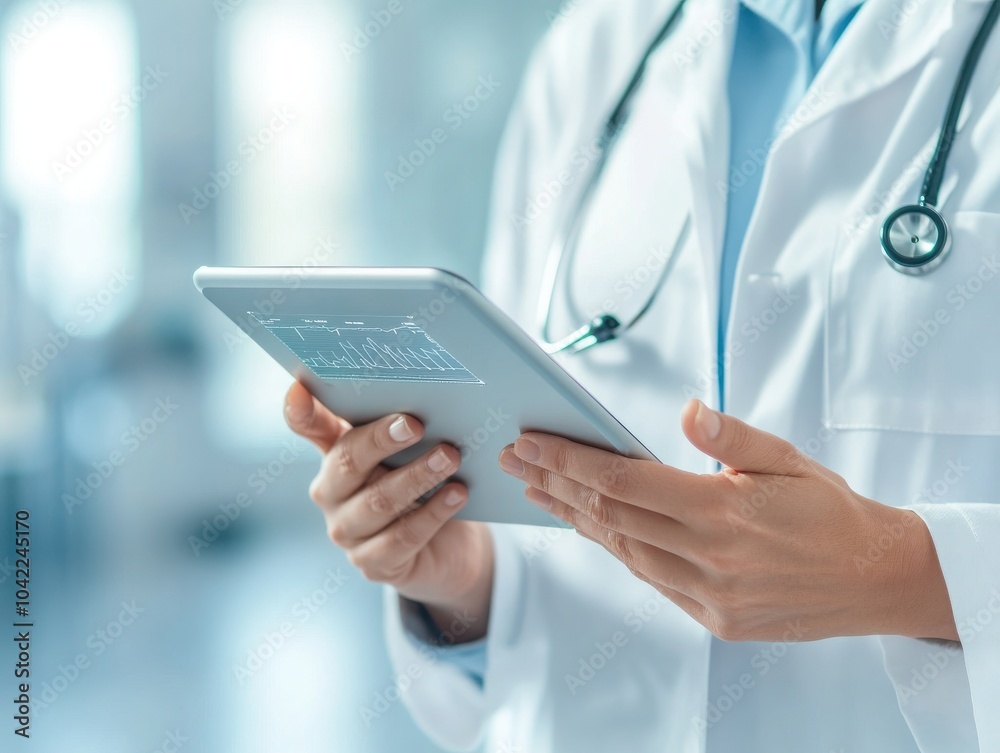 A medical professional examining data on a tablet in a bright, modern healthcare environment. A medical professional examining data on a tablet in a bright, modern healthcare environment.
