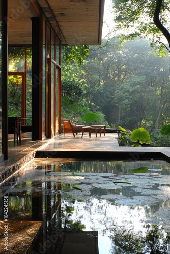 Tranquil outdoor oasis featuring natural stone architecture and a serene wate...