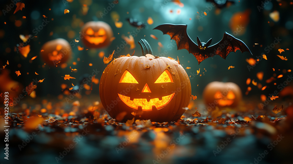 Fototapeta premium A vibrant green background showcasing playful bats, pumpkins, and witches flying around.