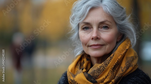 Elderly woman with silver hair and yellow scarf enjoys a serene autumn day in...