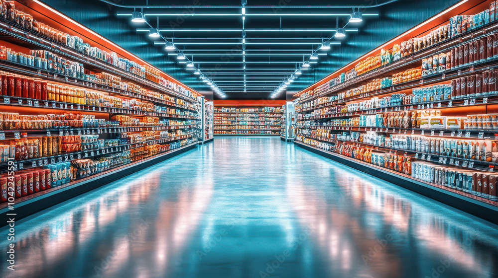 Modern grocery store aisle with shelves of products, blue and red theme, cinematic composition Modern grocery store aisle with shelves of products, blue and red theme, cinematic composition