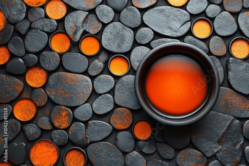 Aerial view of black and orange circular patterns with a bowl of liquid