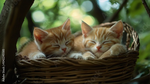 Two orange tabby kittens sleeping peacefully in a wicker basket surrounded by...