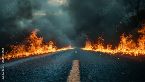 Burning Highway with Smoke and Flames, Perfect Background for Dramatic Fire Themes, Hot Product backdrop. Generative AI