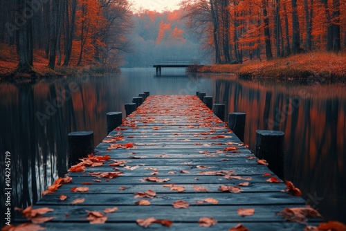 A peaceful autumn morning at a lakeside dock surrounded by vibrant fall color...